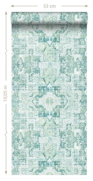 ESTAhome Tapete orientalisches Kelim-Patchwork Pastell Mintgrün - 53 cm x 10.05 m - 148658