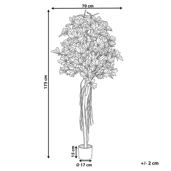 Künstlicher Baum im Topf mit Maßen: Höhe 175 Zentimeter, Breite 70 Zentimeter, Topfhöhe 15 Zentimeter, Topfdurchmesser 17 Zentimeter.