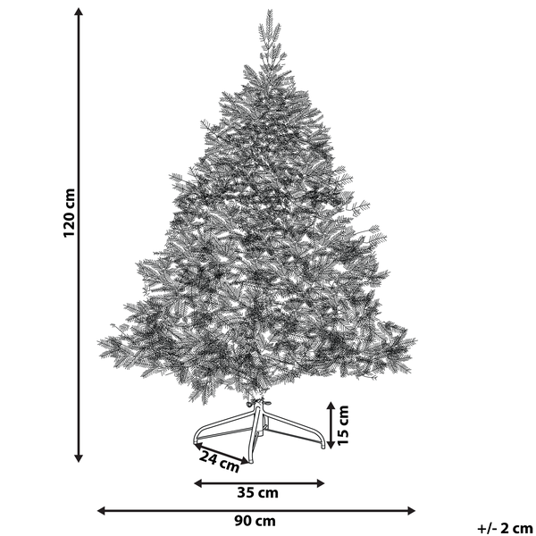 Abmessungen eines künstlichen Tannenbaums mit einer Höhe von 120 cm.