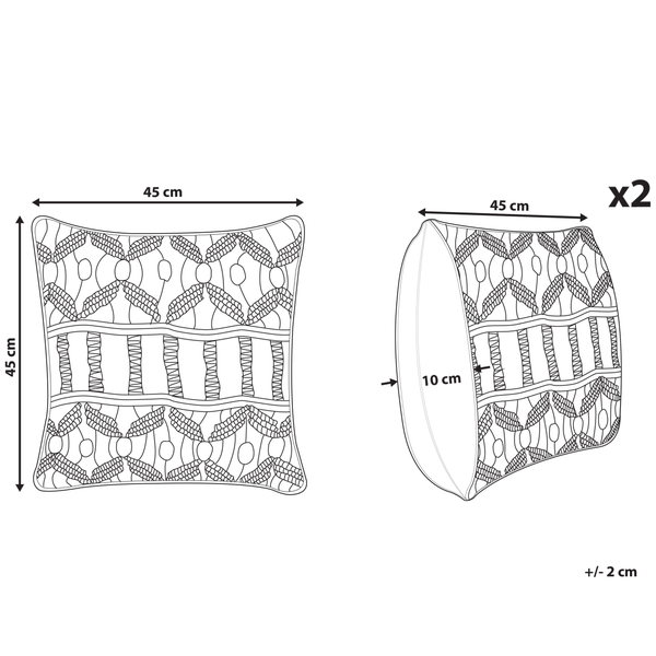 Abbildung von zwei Zierkissen mit den Maßen 45 x 45 x 10 cm