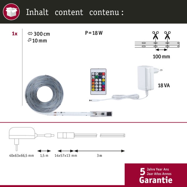 LED-Streifen Set Inhalt: 300 cm LED-Streifen, 18 Watt, 10 mm breit, Fernbedienung, Netzteil und Schemazeichnung