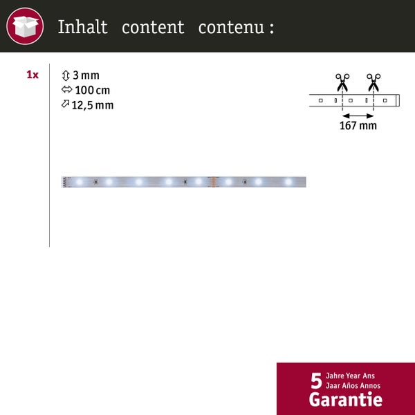Abbildung der Packungsbeilage LED Band mit Garantieinformationen und Maßangaben.