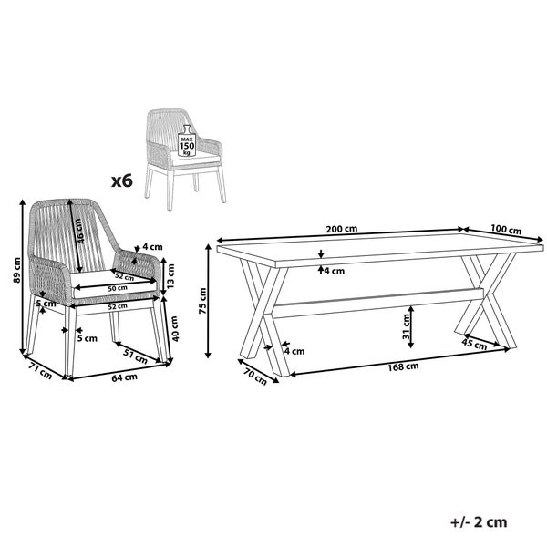 Maßzeichnung eines Gartenmöbel-Sets mit Tisch und 6 Stühlen, inklusive Abmessungen in Zentimetern und maximaler Belastbarkeit von 150 Kilogramm.