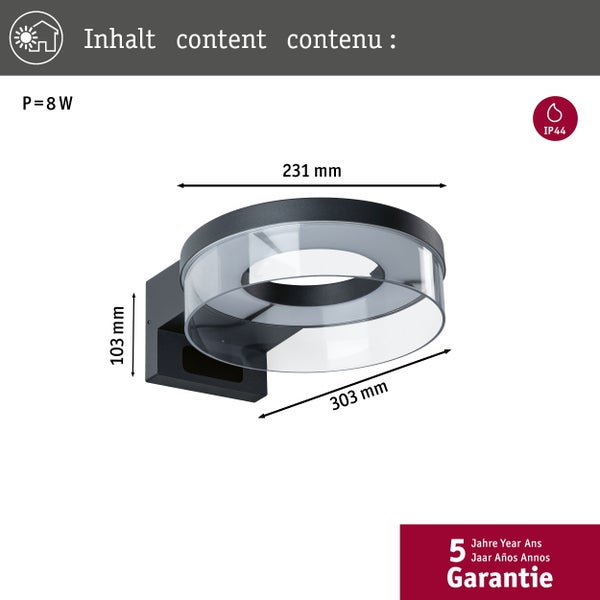 Wandleuchte mit den Maßen 231 mm Breite, 103 mm Höhe und 303 mm Ausladung, 8 Watt Leistung und Schutzart IP44
