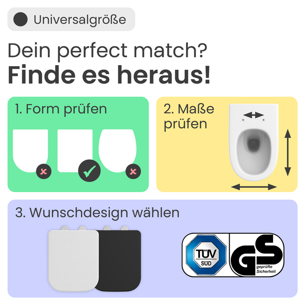 Anleitung zur Auswahl des passenden WC-Sitzes mit Form-, Maß- und Designprüfung sowie TÜV Süd Logo und GS Zeichen für geprüfte Sicherheit