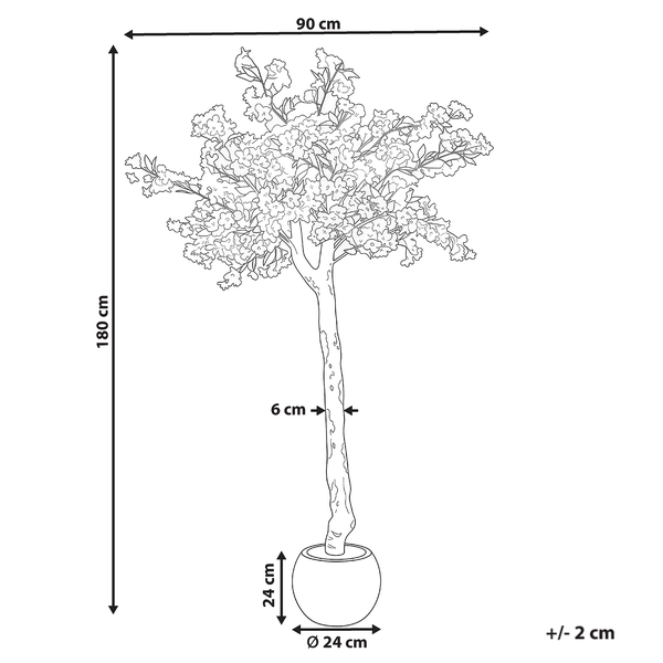 Technische Zeichnung eines künstlichen Baumes im Topf mit Maßen: Höhe 180 Zentimeter, Breite 90 Zentimeter, Topfdurchmesser 24 Zentimeter.