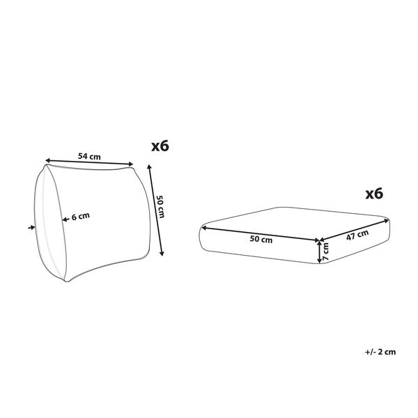 Abmessungen von sechs Kissen und sechs Sitzkissen