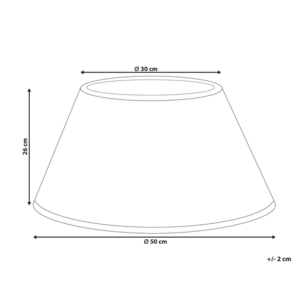 Skizze eines Lampenschirms mit den Maßen Durchmesser 30 cm oben, Durchmesser 50 cm unten und Höhe 26 cm
