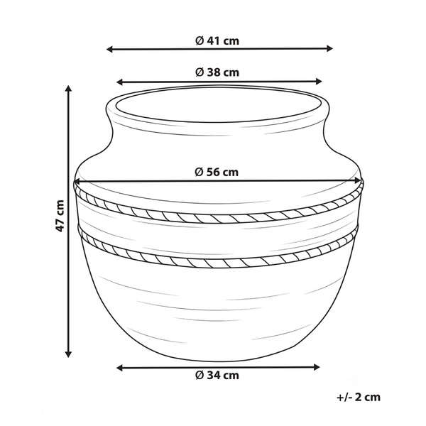 Abmessungen für Pflanztopf mit Seildekor: Höhe 47 Zentimeter, maximaler Durchmesser 56 Zentimeter, Toleranz plus minus 2 Zentimeter.