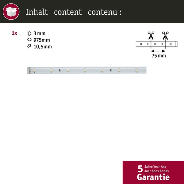 Packungsinhalt: LED-Streifen, 975 mm lang, kann alle 75 mm zugeschnitten werden, 3 mm hoch und 10,5 mm breit, mit fünf Jahren Garantie.
