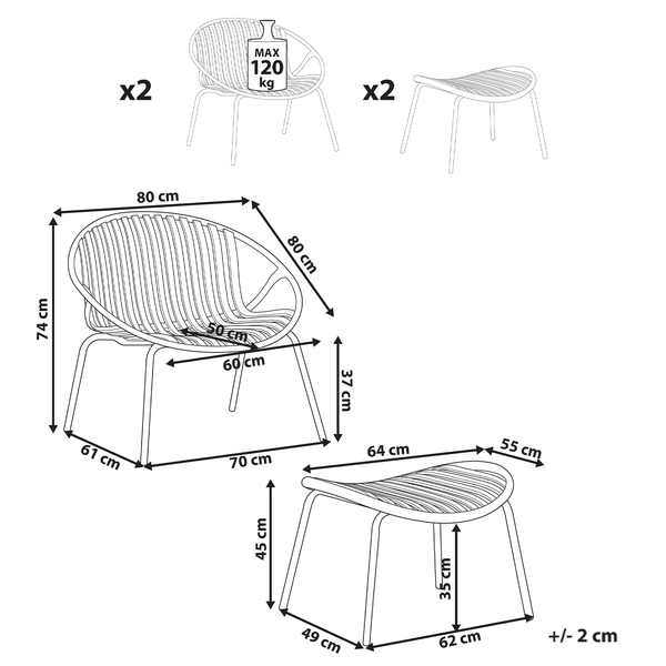 Abmessungen von zwei Stühlen und zwei Hockern mit maximaler Belastung von 120 Kilogramm