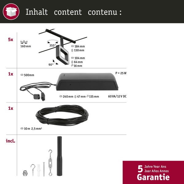 CorDuo LED Seilsystem Frame Basisset 5x280lm 5x4,8W 3000K 230/12V Schwarz matt, Chrom