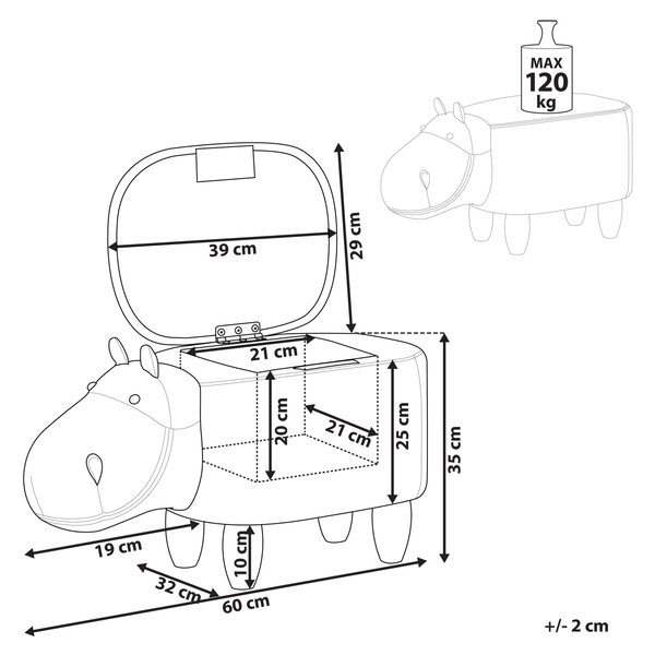 Abmessungen des Hippo Hockers mit Stauraum