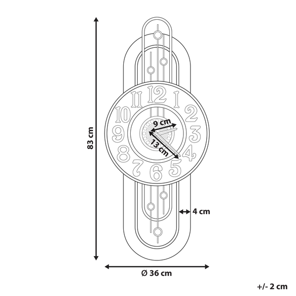 Abmessungen einer Wanduhr mit einem Durchmesser von 36 cm und einer Höhe von 83 cm