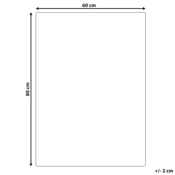 Rechteck mit Maßangaben: 60 Zentimeter breit, 80 Zentimeter hoch, Toleranz von plusminus 2 Zentimetern
