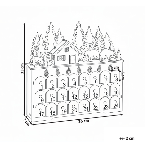 Adventskalender mit 24 Türchen und Waldmotiv mit Tieren und Haus, circa 33 x 36 Zentimeter