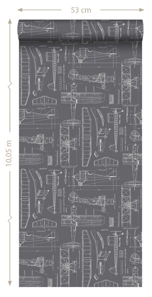 ESTAhome Tapete Kontruktionszeichnungen von Flugzeugen Dunkelgrau - 53 cm x 10.05 m - 128813