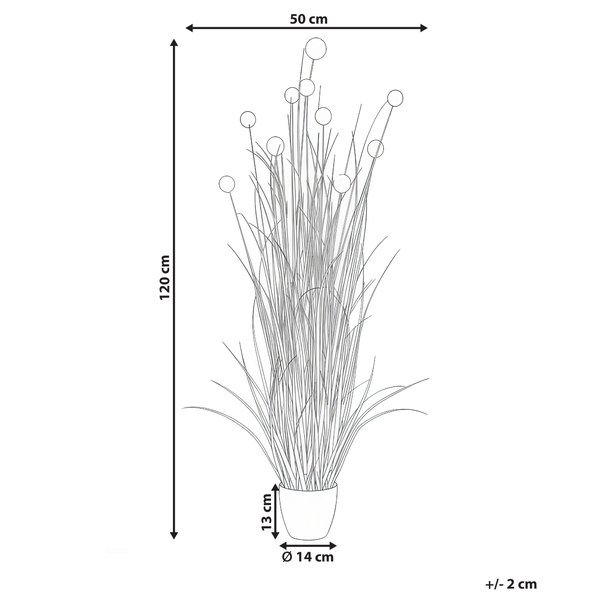 Abmessungen der künstlichen Ziergras Pflanze im Topf: 120 cm hoch und 50 cm breit