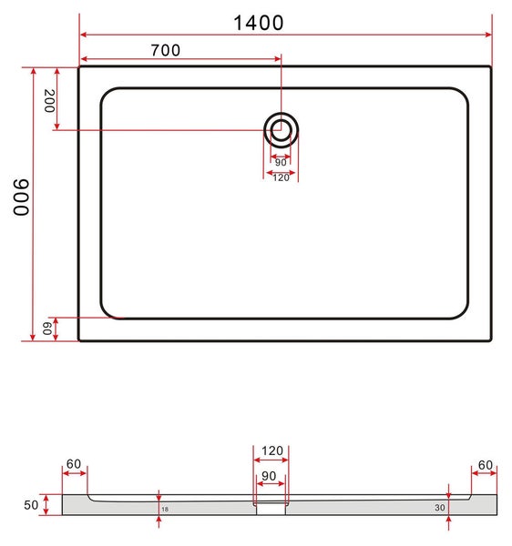 Technische Zeichnung einer Duschwanne mit Maßangaben.