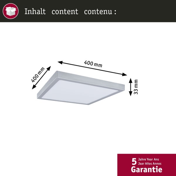 Abmessungen einer quadratischen Deckenleuchte, 400 Millimeter mal 400 Millimeter, mit einer Höhe von 33 Millimetern und 5 Jahre Garantie