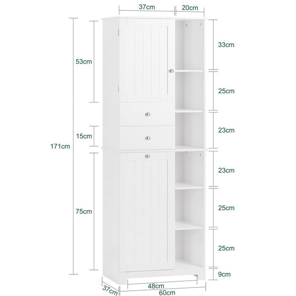 Schrank mit Tür, Schubladen und offenen Regalen, Abmessungen