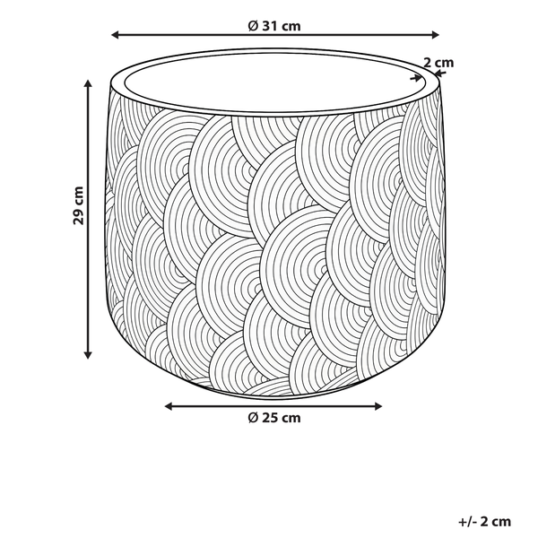 Abbildung eines Pflanzgefäßes mit den Maßen: Durchmesser oben 31 cm, Durchmesser unten 25 cm und Höhe 29 cm