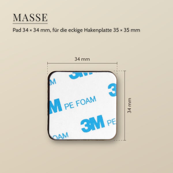 Quadratisches Klebepad mit 34 mal 34 Millimeter für die eckige Hakenplatte 35 mal 35 Millimeter inklusive 3M Logo