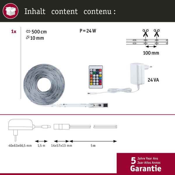 Packungsinhalt LED Stripe: 500 Zentimeter lang, 10 Millimeter breit, Leistung 24 Watt inklusive Fernbedienung und Netzteil mit 24 VA sowie Informationen zu Abmessungen und Garantie