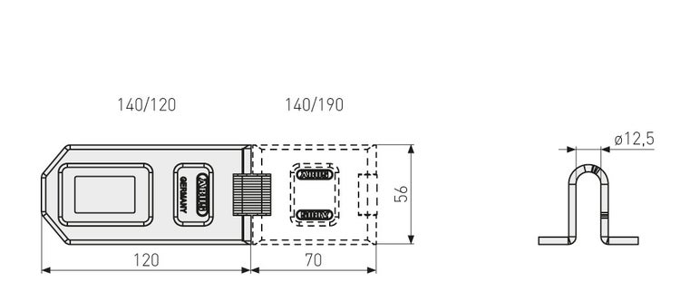 Technische Zeichnung einer ABUS Überfalle mit Maßangaben 120 Millimeter, 70 Millimeter, 56 Millimeter und einem Ösendurchmesser von 12,5 Millimeter.