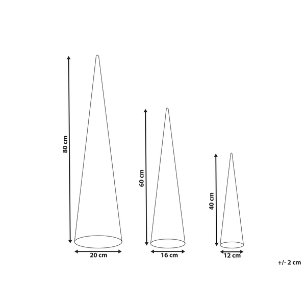 Größenangaben von Dekokegeln: 80 cm, 60 cm und 40 cm hoch