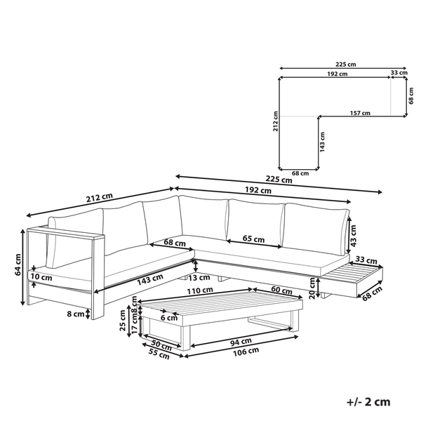 Maße der Loungegruppe mit Tisch