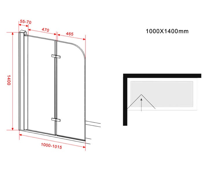Technische Zeichnung einer Duschkabine mit Maßangaben