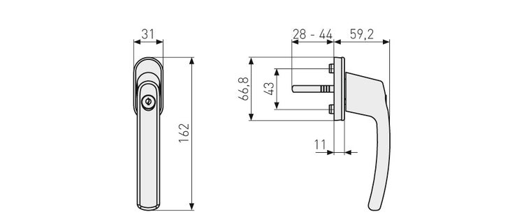 Maßzeichnung eines Fenstergriffs mit Abmessungen von 162 Millimeter Höhe und 31 Millimeter Breite.