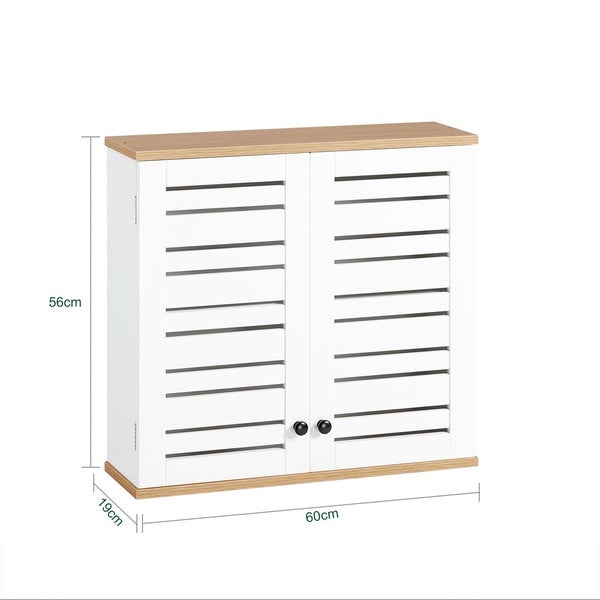 Badezimmerschrank mit zwei Türen, Lamellenfronten und Holzplatte, 60 mal 56 mal 19 Zentimeter