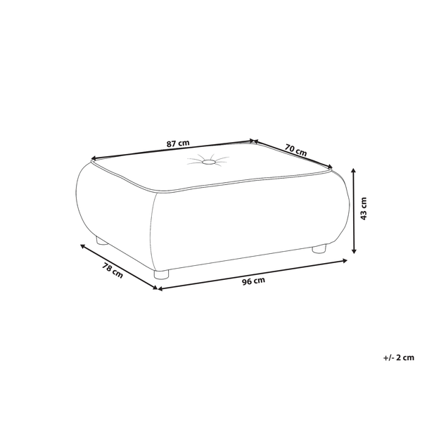 Maßzeichnung eines Hockers: Breite 96 und 87 Zentimeter, Tiefe 78 und 70 Zentimeter, Höhe 43 Zentimeter. Toleranz plus minus 2 Zentimeter.