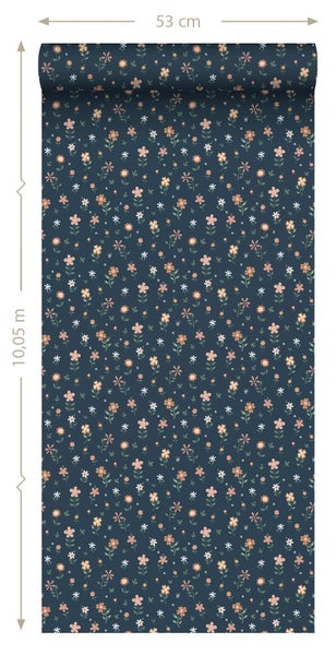 ESTAhome Tapete Blumen Dunkelblau, Terrakotta, Grün und Weiß - 53 cm x 10.05 m - 139359