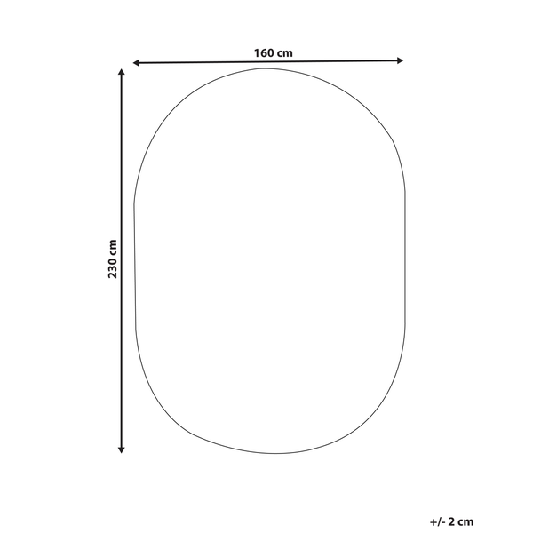 Maßskizze eines Ovals mit einer Breite von 160 Zentimeter und einer Höhe von 230 Zentimeter sowie einer Toleranz von plus minus 2 Zentimeter.