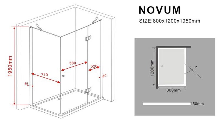 Technische Zeichnung einer Novum Duschkabine mit den Maßen 800x1200x1950 Millimeter.