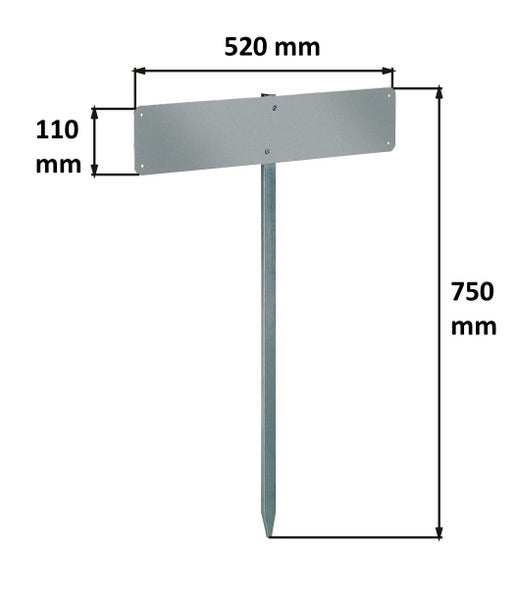 Stahlschild mit Erdspieß für die Gartenbeschilderung mit den Maßen 520 Millimeter mal 110 Millimeter und einer Gesamthöhe von 750 Millimetern.