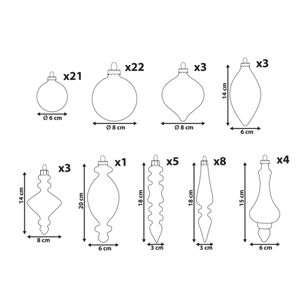Grafik verschiedener Christbaumkugelformen mit Größenangaben und Stückzahlen