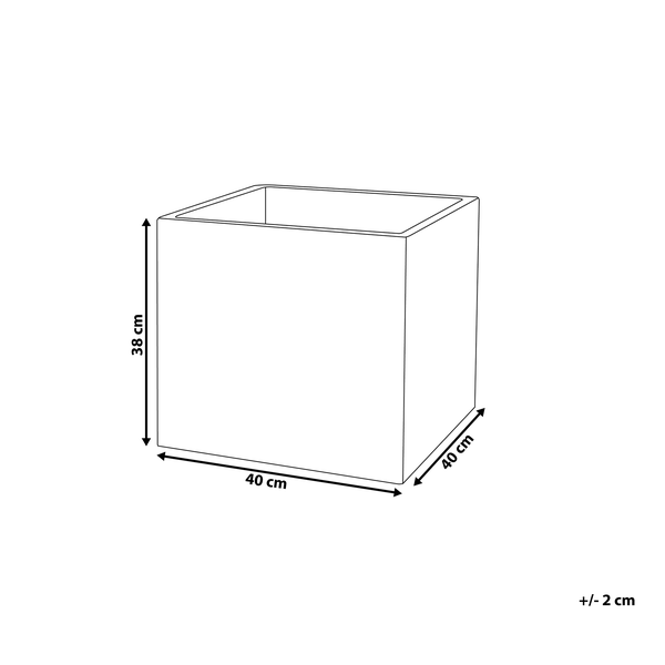 Maßzeichnung eines würfelförmigen Pflanzkübels mit den Maßen 40 mal 40 mal 38 Zentimeter und einer Toleranz von plus oder minus 2 Zentimeter.