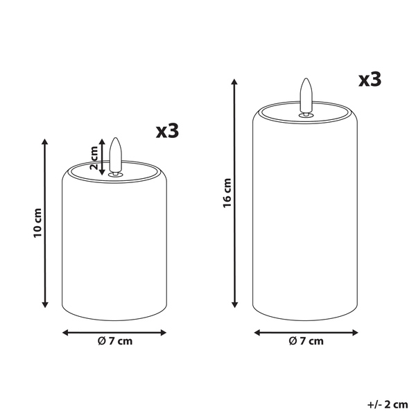 Abbildung von drei Kerzen mit den Maßen 10 cm x Durchmesser 7 cm und drei Kerzen mit den Maßen 16 cm x Durchmesser 7 cm.