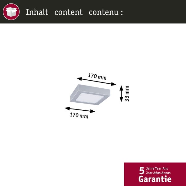 Abmessungen einer quadratischen Deckenleuchte mit 170 mal 170 Millimetern und 33 Millimetern Höhe