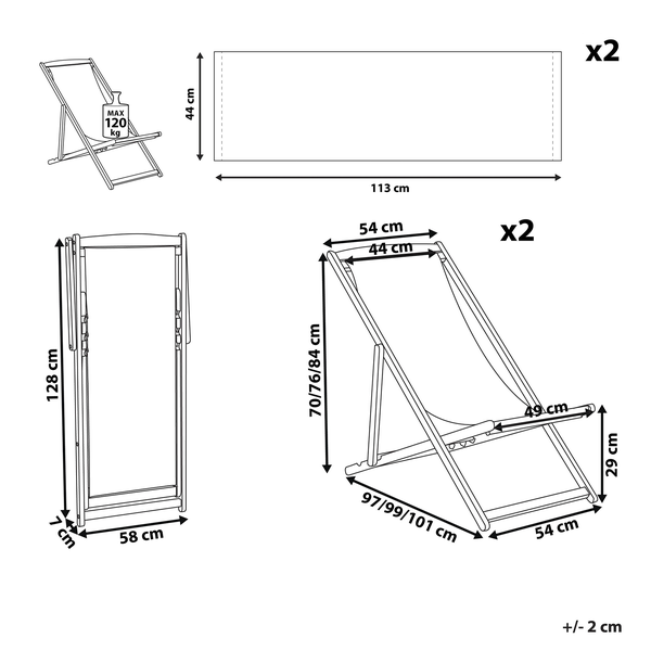 Technische Zeichnung eines Liegestuhls mit Maßangaben