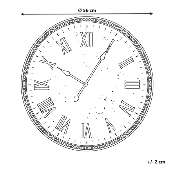 Runde Wanduhr mit römischen Ziffern und einem Durchmesser von 56 Zentimeter.