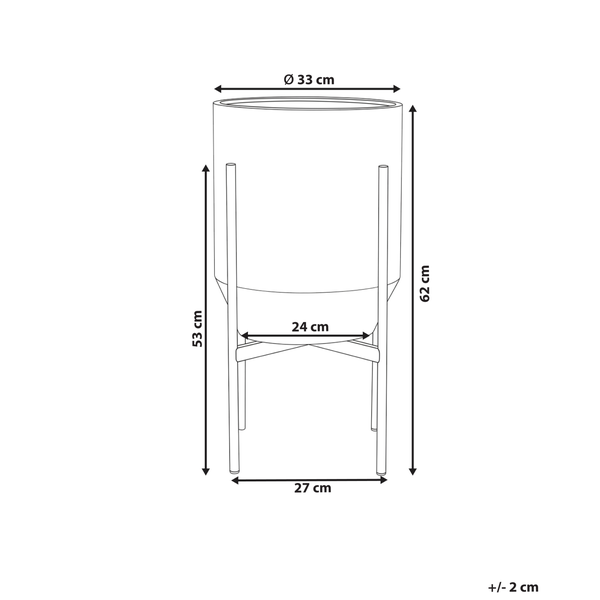 Maßzeichnung Pflanztopf auf Gestell, Höhe 62 Zentimeter, Durchmesser 33 Zentimeter, Toleranz plus minus 2 Zentimeter.