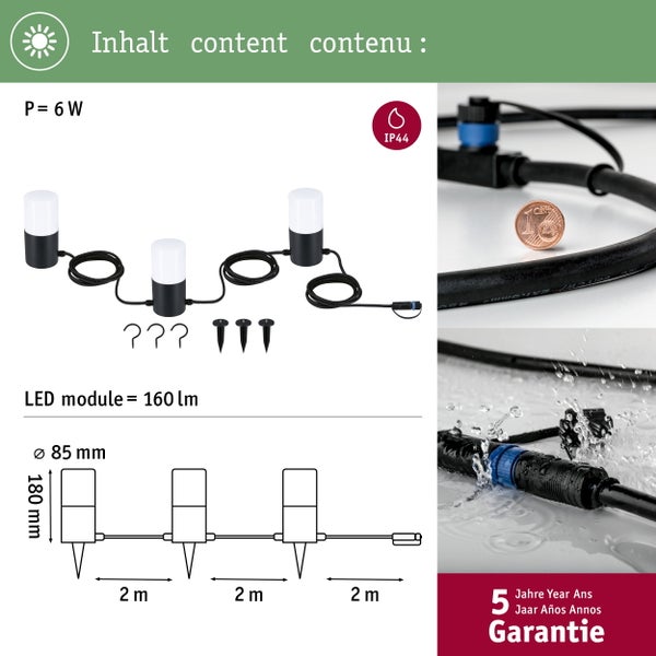 Abbildung von drei Gartenleuchten mit Erdspieß, Produktdetails und fünf Jahre Garantie