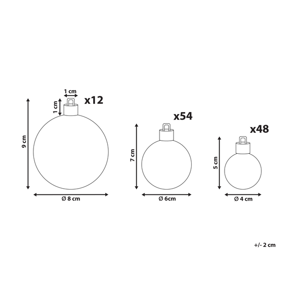 Abmessungen von Christbaumkugeln: 12 Stück mit neun Zentimeter Höhe und acht Zentimeter Durchmesser, 54 Stück mit sieben Zentimeter Höhe und sechs Zentimeter Durchmesser und 48 Stück mit fünf Zentimeter Höhe und vier Zentimeter Durchmesser