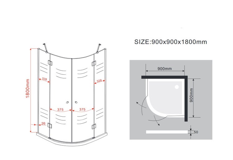 Technische Zeichnung einer Duschkabine mit Maßangaben 900x900x1800 Millimeter