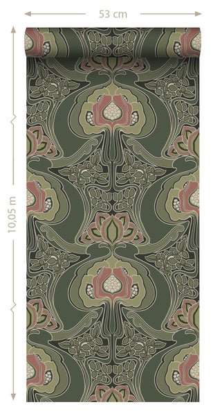 ESTAhome Tapete Blumenmuster im Jugendstil Dunkelgrün - 53 cm x 10.05 m - 139571